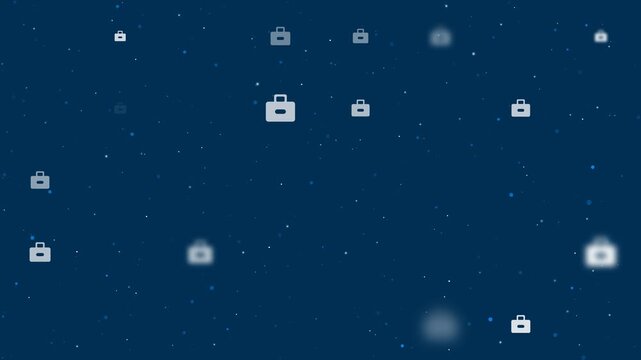 Evenly spaced briefcase symbols of different sizes grow, shrink and fade. Seamless looped 4k animation on dark blue background with stars