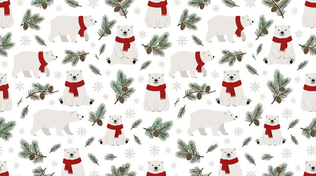 Cute Polar Bears with Red Scarves and Pine Branches Pattern