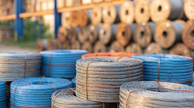 Stacked coils of industrial blue and grey metal wire rope in warehouse storage area
