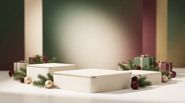 Festive Christmas podium display for product showcase, elegant holiday product stage with gift boxes, minimal winter pedestal background