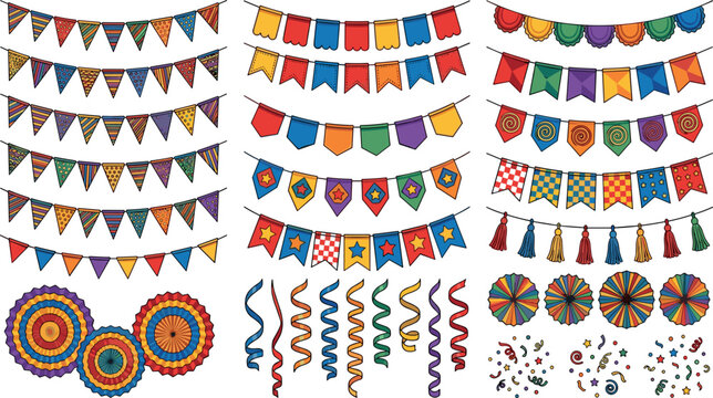 estive party celebration colorful bunting flags garland paper fan streamers vector icons set