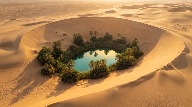 Hidden desert oasis featuring lush green palm trees surrounding a vibrant turquoise water pool nestled deep inside massive golden sand dunes under warm sunrise sunlight casting long dramatic shadows 