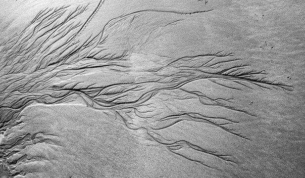 Meandering pattern of run-off water in sand, beach, Porpoise Bay, Catlins, Southland, South Island, New Zealand