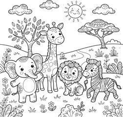 Obraz premium A cute safari animal scene featuring a lion giraffe elephant and zebra for a fun kids color book page