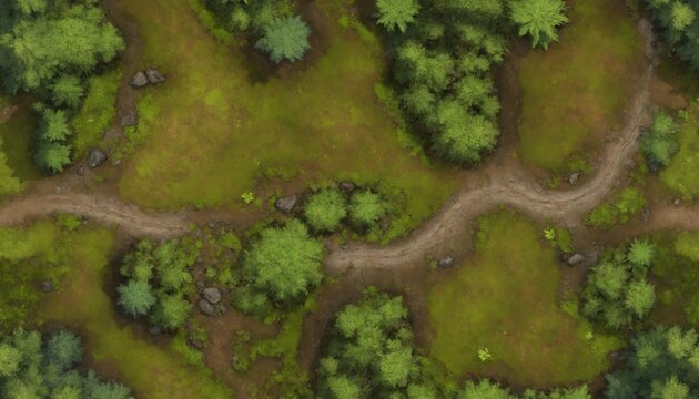 Top-down forest battle map with mossy clearings and a dirt trail for tabletop role-playing games, gridless, 28x16 squares at 100 px