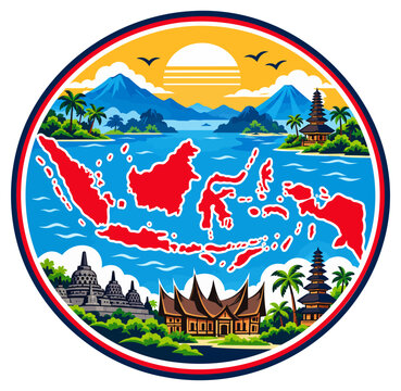 Indonesian map inside circular sticker featuring traditional landmarks scenic mountains exotic beaches vibrant sunset and tropical palm trees isolated on transparent background