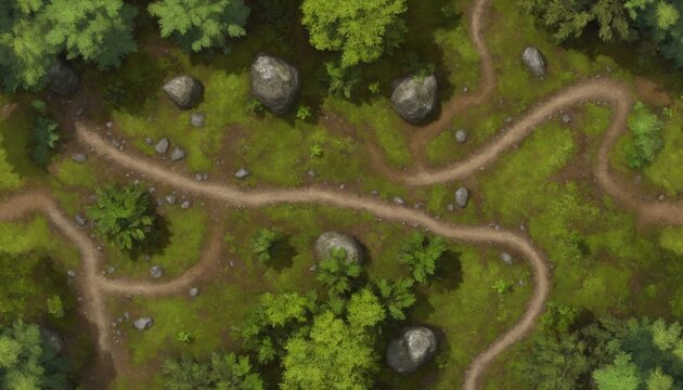 Top-down forest battle map with winding dirt trail and boulders for tabletop role-playing games, gridless, 28x16 squares at 100 px
