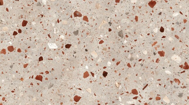 Terrazzo texture with reddish brown white and grey stone chips on beige cement background