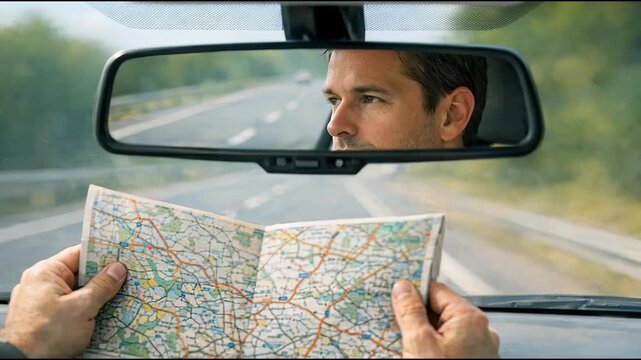 A person gazes at a map in the rear view mirror of a vehicle, likely planning a route or navigating a journey