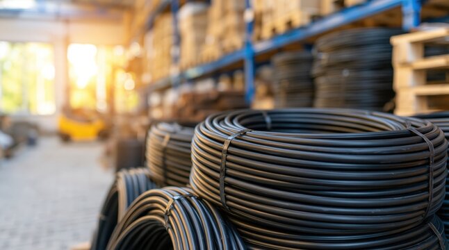 Black industrial pipe coils stacked in warehouse storage facility