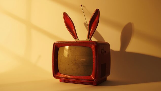 Vintage red television with rabbit ear antennas, cinematic studio shot of retro electronic media equipment