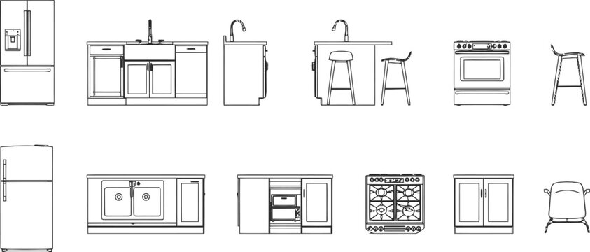 Kitchen cabinets and appliances elevation line art set, refrigerator, farmhouse sink, island with stools, gas stove and cooktop, front and top view architectural vector drawing