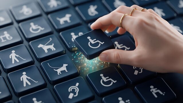 Female hand placing a dark blue key with a wheelchair accessibility symbol onto a custom computer keyboard during a digital accessibility design project
