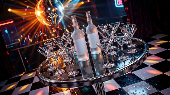 Glass bottles and martini stems rest upon a glossy round table at a party.