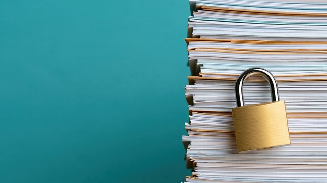 Padlock on stack of document files and folders against teal background with copy space