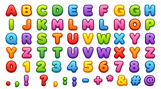 Colorful 3D bubble alphabet letters and numbers on transparent background