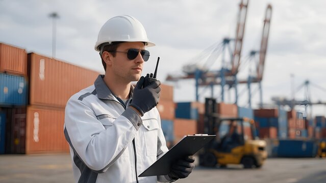 Professional dock worker wearing safety helmet and sunglasses holding clipboard while communicating through portable radio transceiver device outdoors at busy container terminal yard