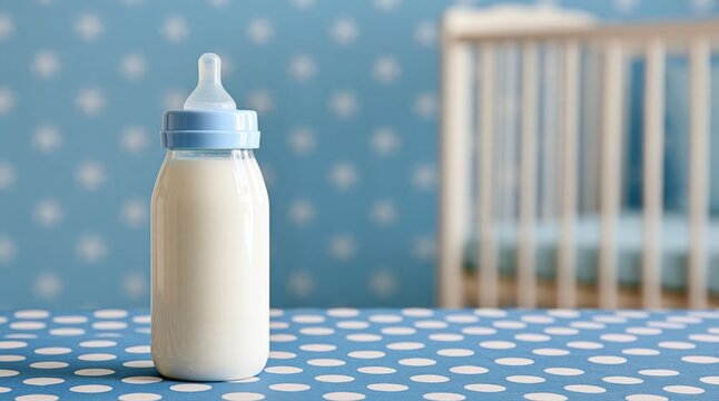 Baby bottle filled with milk on blue polka dot tablecloth in nursery room with crib