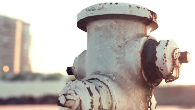 A close up view of a weathered fire hydrant stands against a vibrant sunset. The warm light highlights its peeling paint and rustic details, adding character to the city street.
