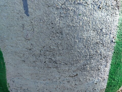 A highly textured gray-white surface with dense black speckles in the center and green painted edges visible on both sides, showing a rough stucco-like finish.