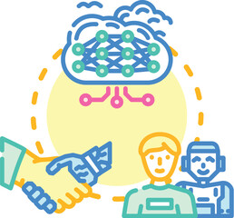 Fototapeta premium Human and artificial intelligence hands shaking within gears and a briefcase symbolize strong partnerships and effective teamwork. Developing innovative ai solutions through shared vision and progress