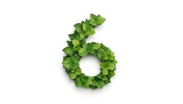 Number 6 Made of Fresh Green Leaves, Symbolizing Nature, Growth, and Eco-Friendly Concepts, Isolated on White Background with Copy Space