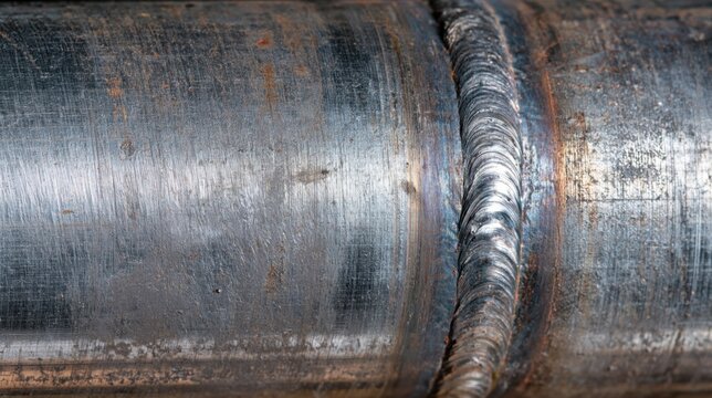 Close up view of welded metal pipe with visible seam and industrial texture