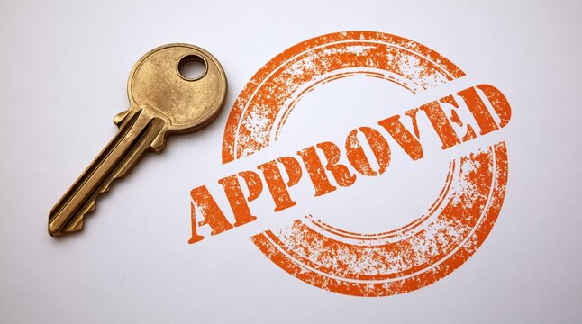 Metal key lying next to orange circular approved stamp on white surface
