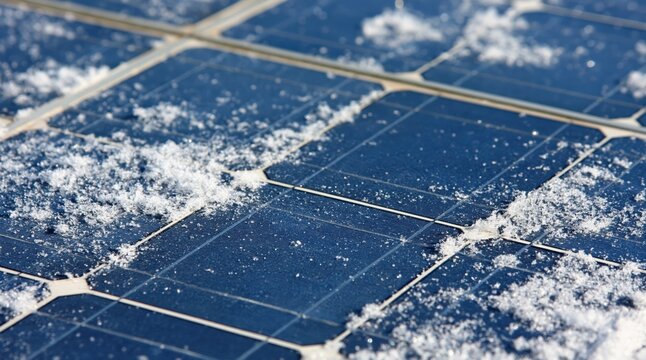 Close up of solar panel covered with snow patches in winter