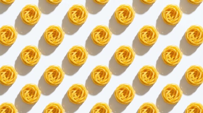 Overhead view of dry pasta noodle nests arranged in a repeating