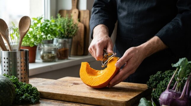 Chef peeling a fresh orange pumpkin slice on a wooden cutting board