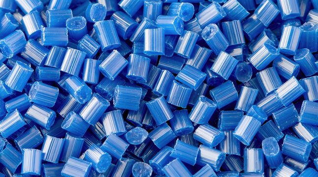 Pile of blue plastic pellets with ribbed texture for industrial production