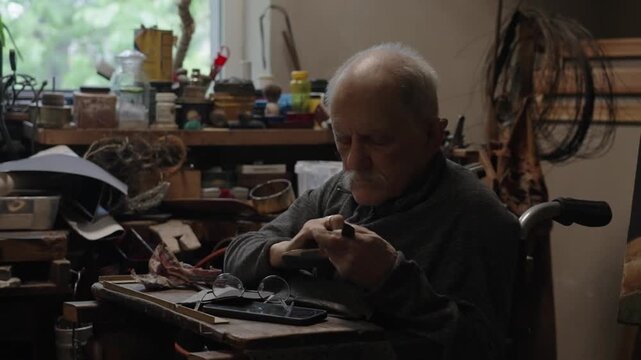 Elderly craftsman working in his old workshop, carefully restoring collectible Japanese bladed weapons
