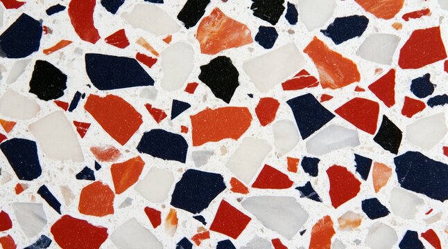 Colorful terrazzo pattern background with red navy black and white stone fragments