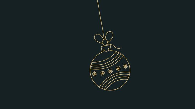 Hanging gold Christmas globe ornament with swinging pendulum animation on dark background, minimalist line art bauble