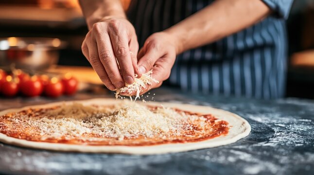 Chef hands sprinkling grated cheese over raw pizza base with tomato sauce