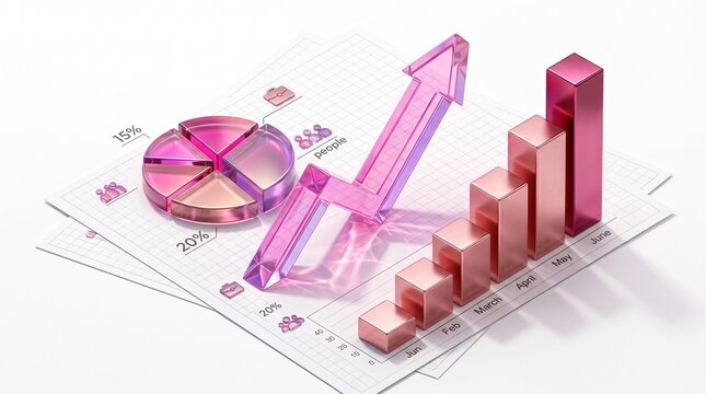 3D Render of Pink and Rose Gold Financial Charts with Rising Glass Arrow on Document