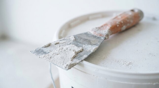 Metal putty knife resting on a white bucket with construction filler