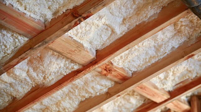 Polyurethane spray foam insulation installed between wood roof joists inside attic