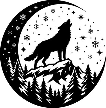 Silhouette of a wolf howling at the moon in a snowy forest