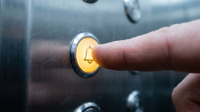 Finger pressing a glowing alarm bell button on a metallic panel