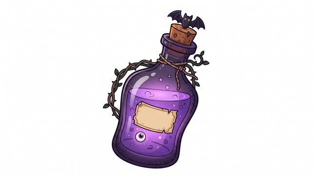 Cartoon purple magic potion bottle with bat on cork, thorny vines and floating eyeball, Halloween illustration on white background