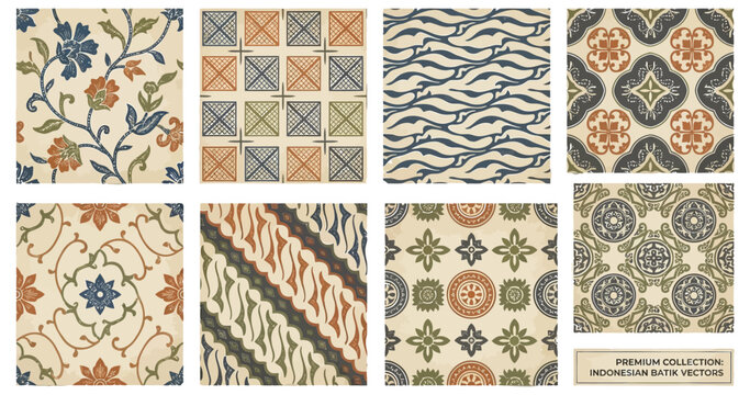 Indonesian batik vector patterns featuring traditional floral motifs and geometric designs rendered in classic earth tones on transparent background