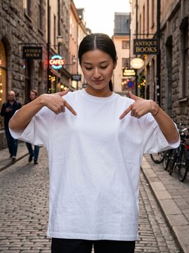 Asian woman wearing a white t-shirt points downwards with her fingers while standing on a European cobblestone street.