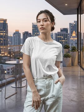 Woman posing on a balcony overlooking a city skyline at dusk with modern skyscrapers in the background.