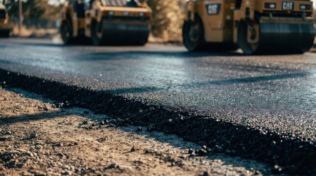Heavy industrial machinery paving new asphalt road at a construction
