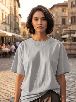 Brunette woman wearing a plain light gray t-shirt standing on a historic cobblestone street in a European city center.