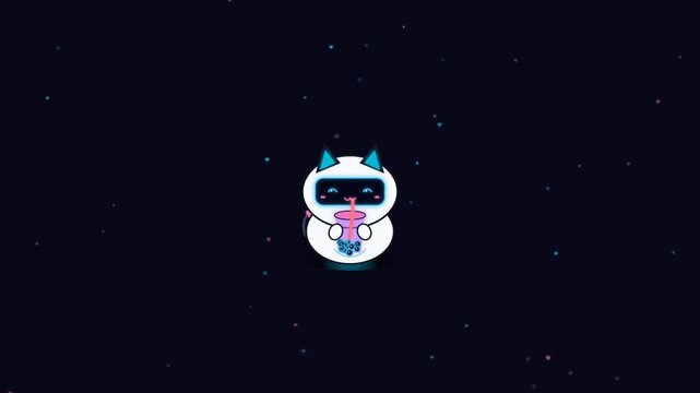 Neon Minimalist Robot Cat Drinking Boba Tea with Seamless Loop, Digital Beverage Marketing Campaign.