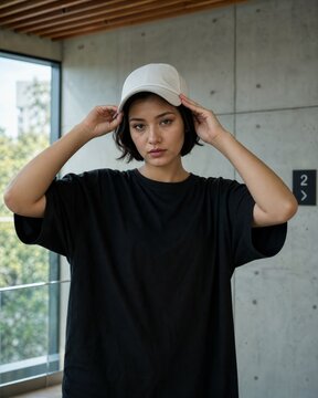 Woman wearing a black t-shirt and white baseball cap adjusts her headwear indoors near a concrete wall and window.