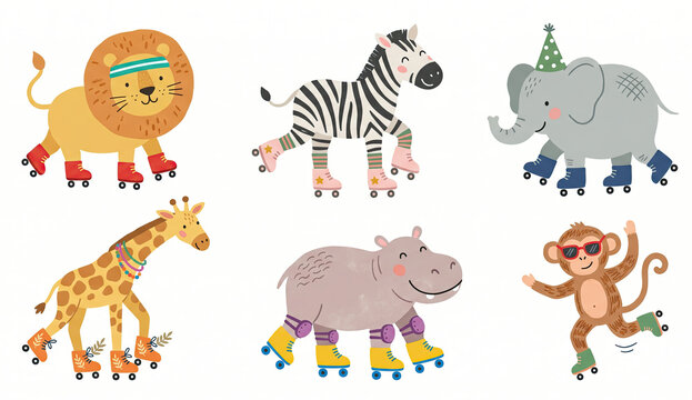 Cute zoo animals on skates. Fun safari cartoon art set collection